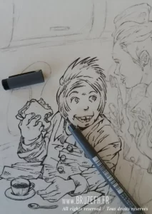 "Vous avez oublié votre brosse à dents ?", par Bruzefh - Quelques étapes de réalisation du dessin
