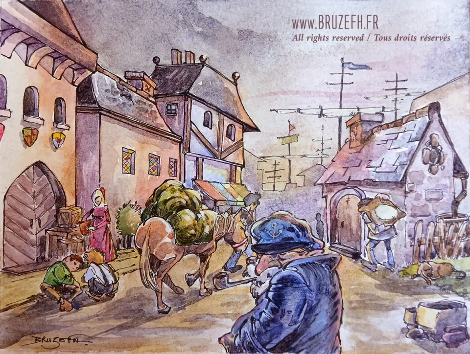 Dessin de Bruzefh, encre et aquarelle